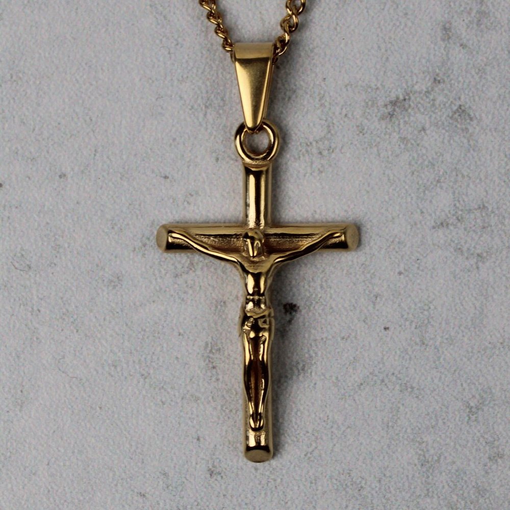 Gold Crucifix Cross Pendant Cuban Link Chain Necklace